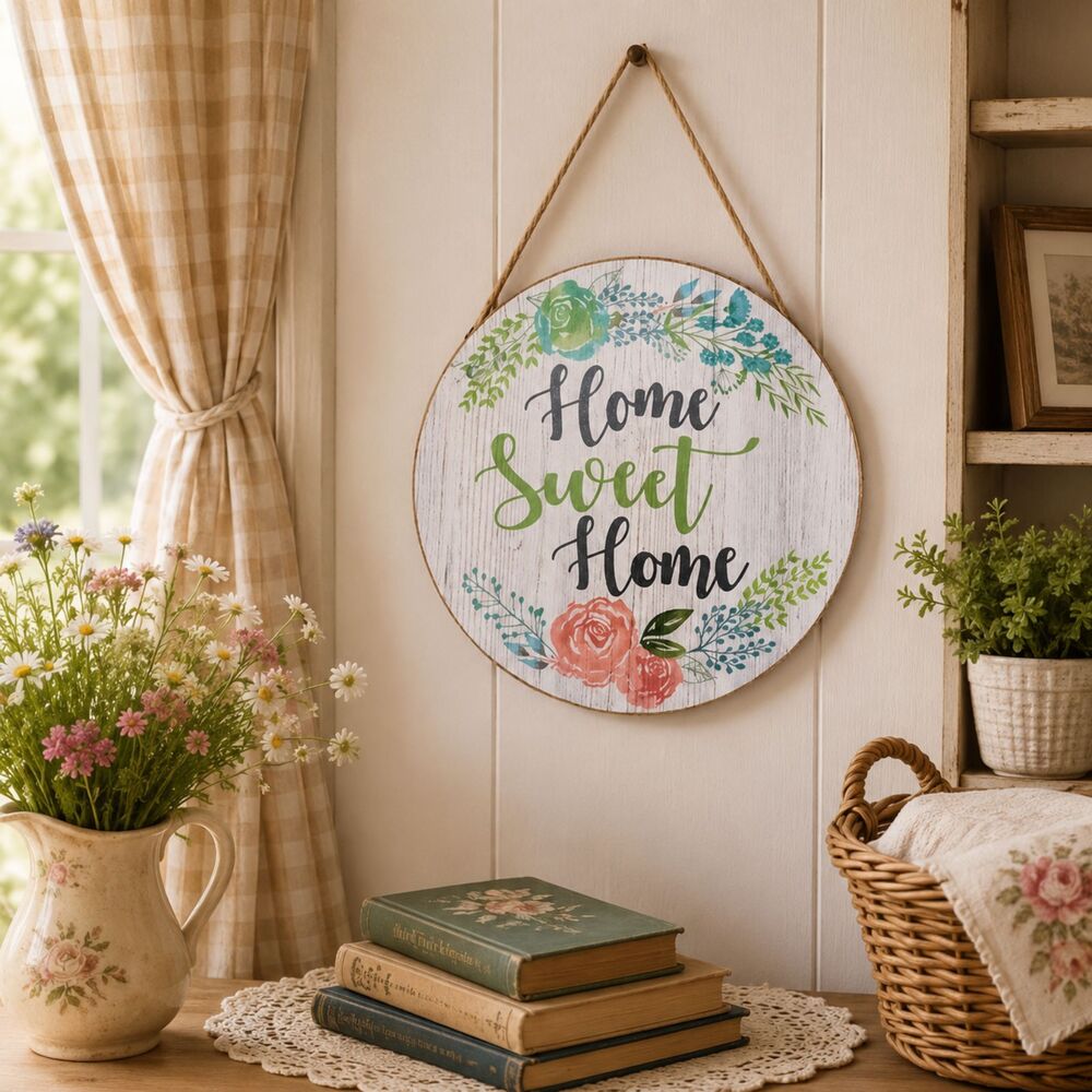 Home Sweet Home Round Wall Decor Braided Jute Rope Cottagecore Grandmillenial